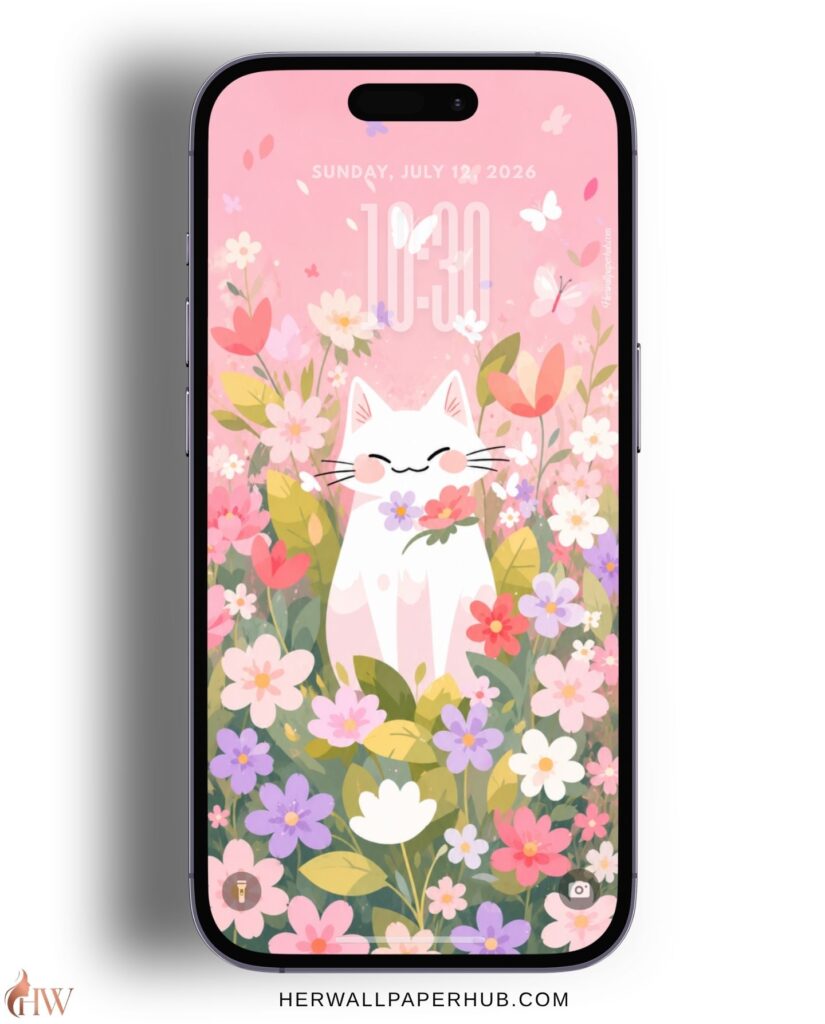 Aesthetic Cute Cat and Flower Wallpaper