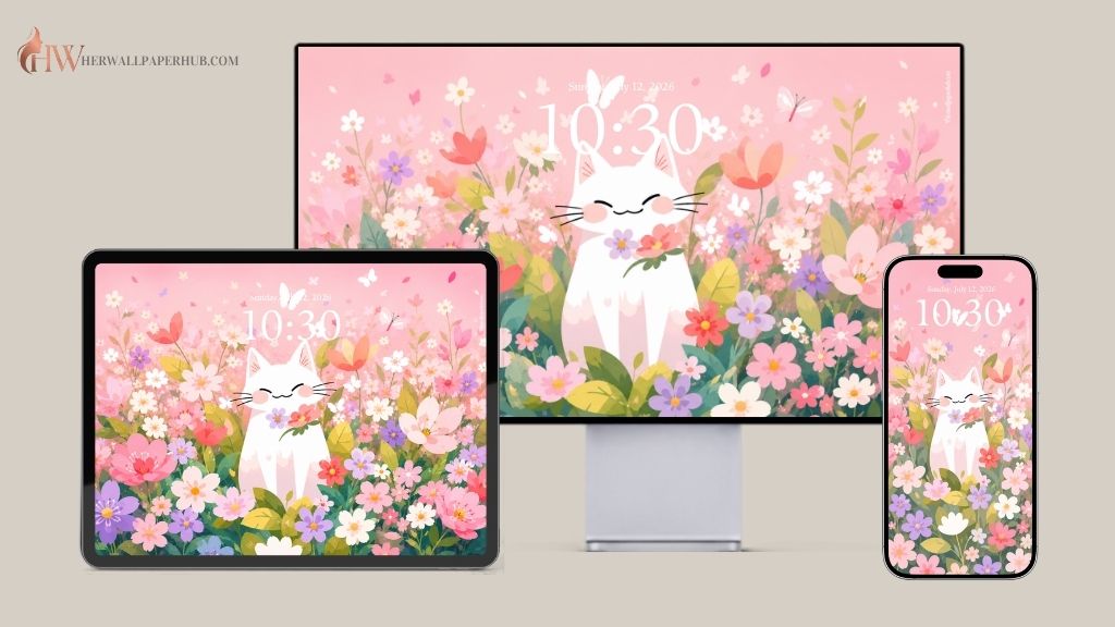 Aesthetic Cute Cat and Flower Wallpaper 4K Phone & Desktop