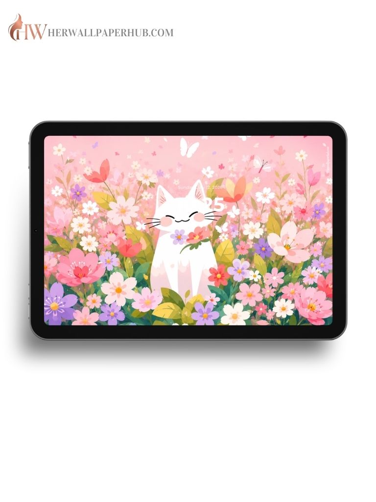 Aesthetic Cute Cat and Flower Wallpaper 