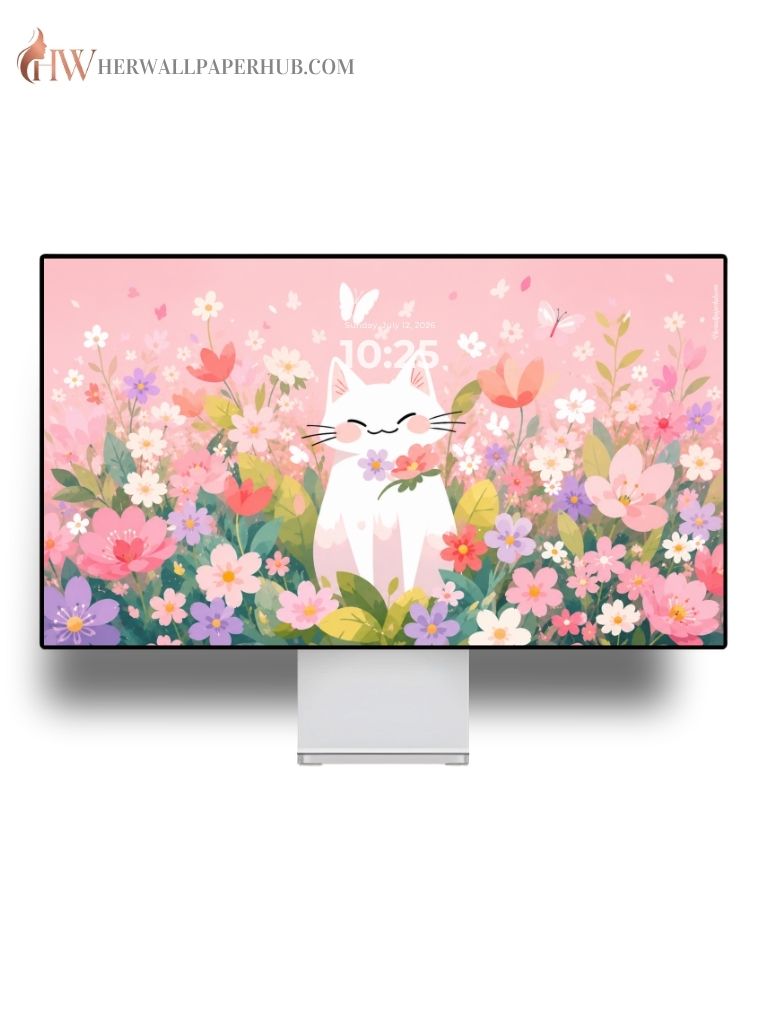 Aesthetic Cute Cat and Flower Wallpaper 